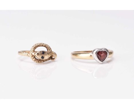 A Victorian style 9ct gold stylised snake ring, with sapphire set eyes, ring size H 1/2, hallmarked London 1983, together wit