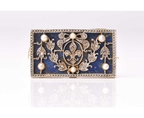 A rose cut diamond, seed pearl and enamel brooch, designed as a light blue guilloche enamel rectangular plaque set with rose 