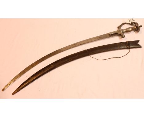 A 19th century Indian Tulwar sabre, with steel grip and dish form pommel and leather scabbard, blade L: 74 cm. P&amp;P Group 