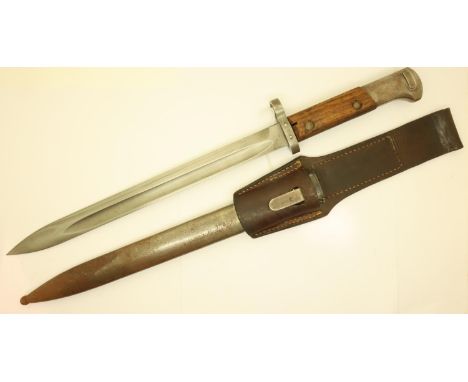 German made Czech VZ-24 bayonet with steel scabbard and leather frog, marked tgf to pommel, E3 46 to scabbard, blade L: 30 cm