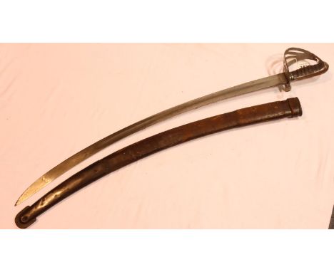 Victorian dress sword, with pierced steel hilt, ribbed wooden grip and numbered 59, with leather scabbard, blade L: 83 cm. P&