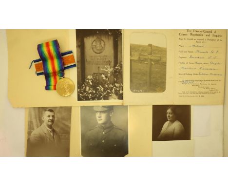 British WWI Victory medal 5-66932 PTE A.F. Sleet Durh L I and associated photographs including pictures of his grave. P&amp;P