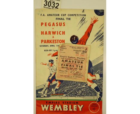FA Amateur Cup Final 1953 programme and ticket, Pegasus V Harwich &amp; Parkeston. P&amp;P Group 1 (£14+VAT for the first lot