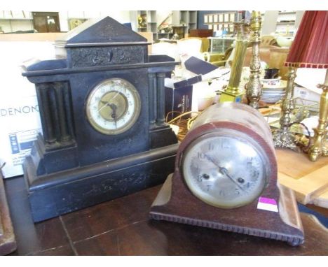 A black marble clock A/F, together with an early 20th century oak cased mantle clock, also A/F 