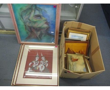 Mixed pictures to include an abstract portrait, signed Carling 93 to the lower left corner 
