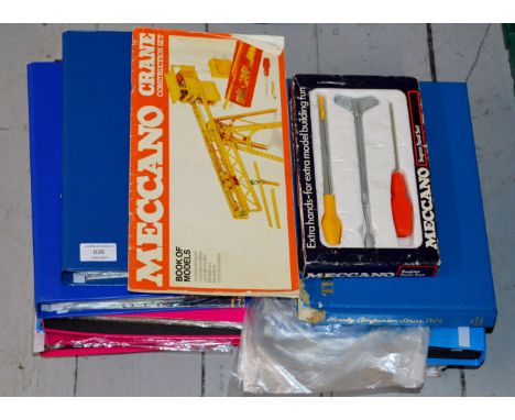 LARGE QUANTITY OF MECCANO CONSTRUCTION BOOKLETS - 9 RING BINDERS, DINKY, MECCANO AND HORNBY BOOK, SET OF MECCANO SUPER TOOLS 