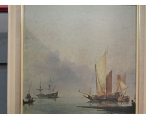 An oleograph depicting fishing vessels in cream frame, 44cm x 44cm 