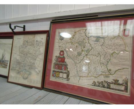 A coloured engraved county map of Leicestershire with coat of arms to lower left corner, framed and glazed, 38.5 x 49.5cm tog
