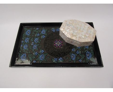 A decorative lacquered tray and mother-of-pearl style trinket box, 37.5cm and 15cm long (2) 
