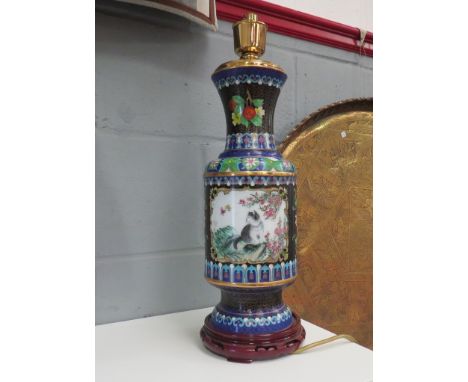 A Chinese Cloisonne lamp base, panels depicting cat among butterflies and flowers, 50cm high 