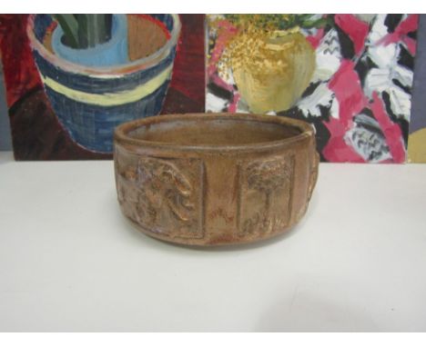 A Poole Pottery planter bowl with relief elephant and tree decoration, 16cm diameter 