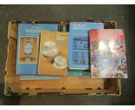 Three boxes of antiques and collecting books including Wedgwood, enamel ware, lacquer and glassware 