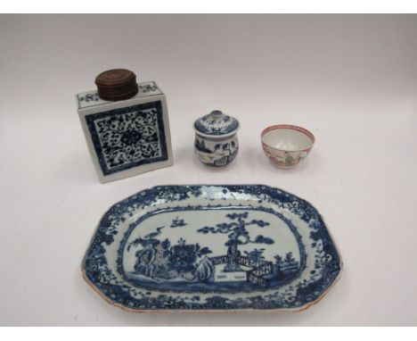 A Chinese export octagonal dish decorated in blue and white together with a tea bowl, (Denys Cowell label to base) a large sq