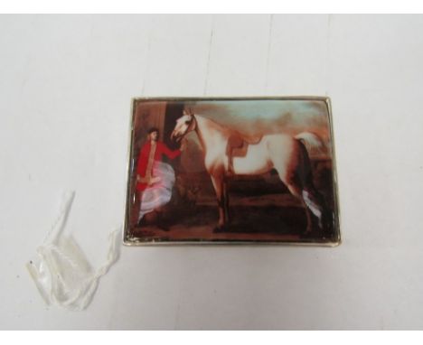 A modern enamel snuff box depicting a horse and man, stamped Sheffield 925 