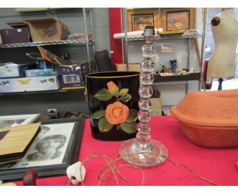 A glass lamp and toleware style two handled paper bin, a/f 