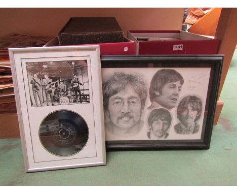 THE BEATLES: A framed and glazed "I Want to Hold Your Hand" 7" single presentation and a framed and glazed print after the or