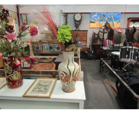 A 20th Century ceramic vase with swan river design, faux flower display 