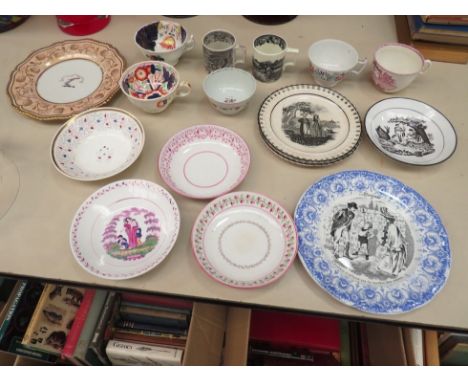 A small collection of 19th century ceramic cups, saucers, plates, including French armorial, transfer ware 