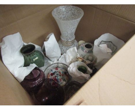 Three boxes of mixed chinaware including Myott tureens and plates, a stoneware Holkham vase and two nodding figures in Orient