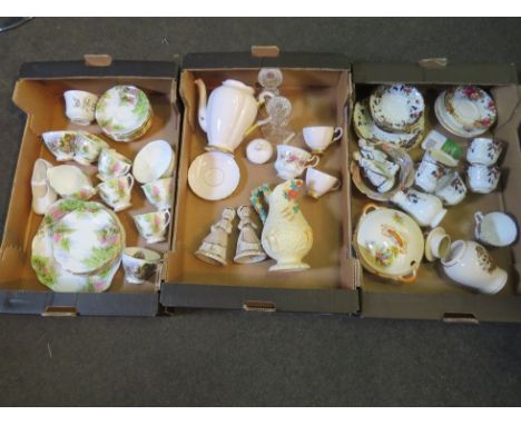 Three boxes of mixed ceramics to include Clarice Cliff Jug (a/f), Royal Albert "The Old Mill" part tea service (a few pieces 