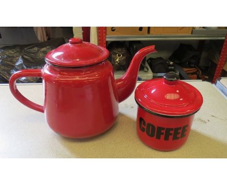 A red enamel tea/coffee pot and similar coffee canister 