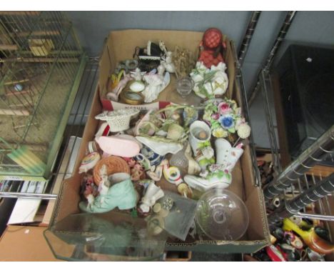 A box of trinket/ collectors cabinet items including ceramic shoes, figures, picture frame, etc 