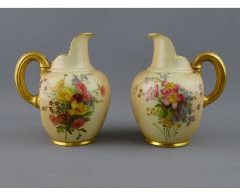 TWO ROYAL WORCESTER FLATBACK 1094 PATTERN JUGS, 13.5 cms high