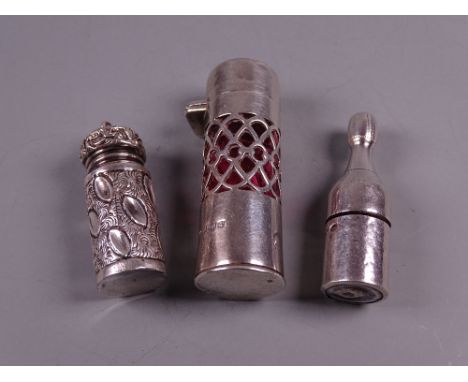 A SILVER & RUBY GLASS PERFUME CONTAINER, the body with lattice work and with a hinged lid (no stopper), Birmingham 1903, a fu