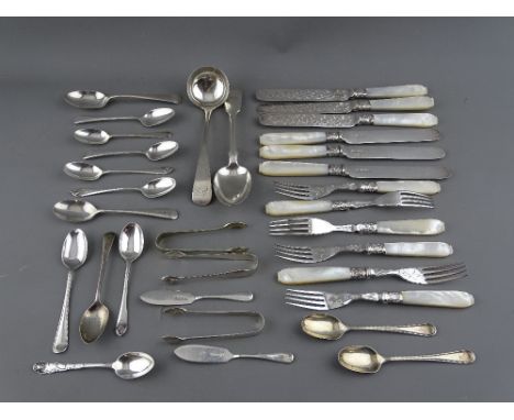 A MIXED QUANTITY OF SILVER CUTLERY, 11 troy ozs gross and a set of Mappin Brothers mother of pearl handled table knives and f