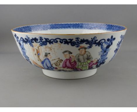 A 19th CENTURY CHINESE EXPORT PORCELAIN BOWL having blue and white cartouche panels of people decorated in enamel colours, no