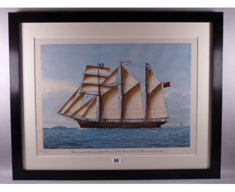 A COLOURED PRINT - titled 'Threemasted Schooner, David Morris of Porthmadog, John O Morris, Master 1906', reproduction limite