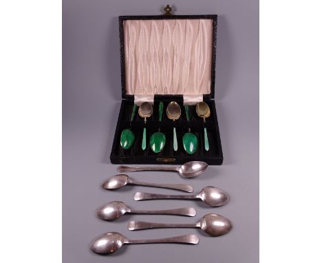 A CASED SET OF SIX SILVER & GREEN ENAMEL COFFEE SPOONS, Birmingham mixed dates by William Suckling and a set of six unboxed s