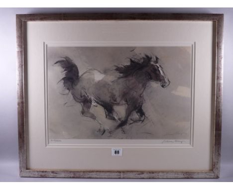 WILLIAM SELWYN coloured limited edition (307/500) print - a cantering wild horse, signed in full, 29 x 42 cms