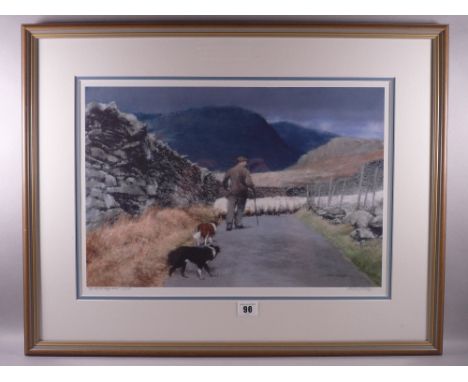 KEITH BOWEN coloured limited edition (79/200) pastel print - farmer with his two sheepdogs leading his flock of sheep along a