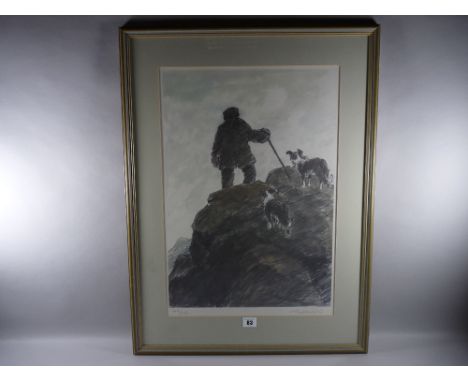 SIR KYFFIN WILLIAMS RA coloured limited edition (149/150) print - farmer and his two sheepdogs on the top of a Snowdonia crag