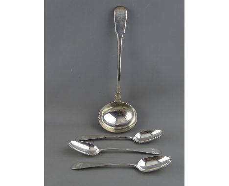 THREE GEORGE III SCOTTISH SILVER SERVING SPOONS and a large soup ladle, Edinburgh 1786 and London 1825 respectively, 14 troy 