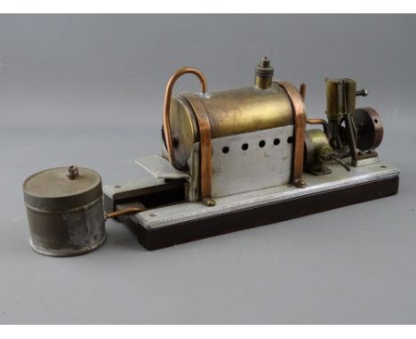 A SCRATCH BUILT LIVE STEAM HORIZONTAL STATIONARY ENGINE, 33 cms long overall, burner and tank in place