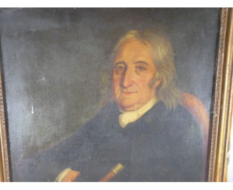 OIL ON CANVAS - portrait of a seated Georgian gentleman with cane in hand, 77 x 55 cms