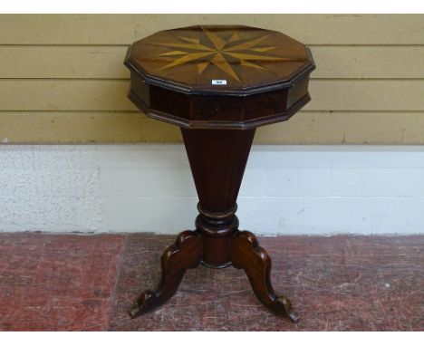 A VICTORIAN INLAID MAHOGANY WORK BOX TABLE with star inlay to the top and segmented column, on a tripod base, 73.5 cms high