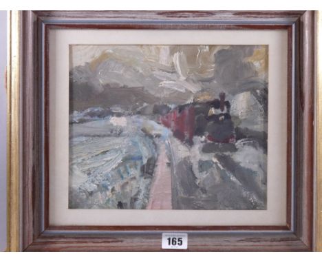 WILLIAM SELWYN early oil - train pulled by tank engine near Caernarfon Quay, signed verso and with original artist's address 