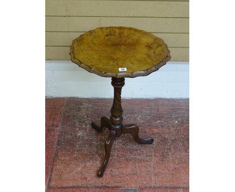 A VICTORIAN BURR WALNUT TOP TABLE with piecrust edge, on a turned and twist column and tripod base, 71 cms high, 46 cms diame