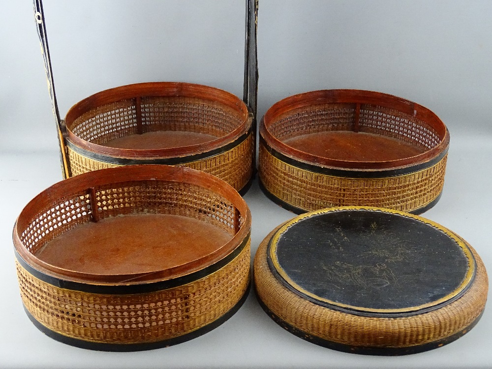 A VINTAGE CHINESE WICKERWORK WEDDING BASKET with carved gilt