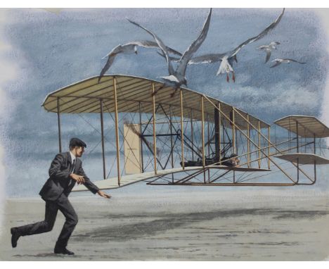 Harry Schaare (New York, Arizona, 1922 - 2008) "Kittyhawk and the Wright Brothers" Signed lower right. Oil on Masonite. Prove