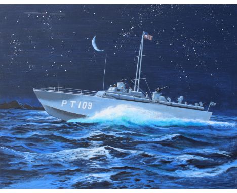 Dean Ellis (1920 - 2009) "Life of JFK / PT109" Signed lower right. Tempera on Masonite. Provenance: Collection of James A. He