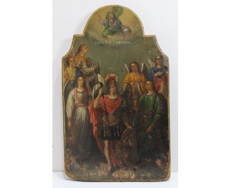 19th C. Russian Icon depicting The Assembly of the Seven Archangels. Oil on wood. Size: 22.5 x 13.75 inches. The archangels a