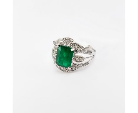 2ct Emerald &amp; Diamond White Gold Ring. Marked inside of band. Comes with GLA Certificate. Ring Size: 8 Total Colored Ston