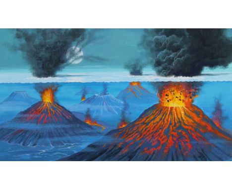 Dean Ellis (1920 - 2009) "History of the Marshall Islands Undersea Volcano" Titled lower margin. Tempera on Masonite. Provena