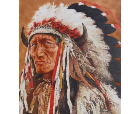 Paul Calle (1928 - 2010) and Chris Calle (B. 1961) "Kutenai Indian Portrait". Signed lower right. Mixed media on board. Prove