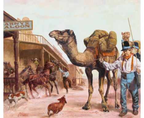 Shannon Stirnweis (B. 1931) "Army and Camels" Signed lower left. Oil and Acrylic on Board. Provenance: Collection of James A.