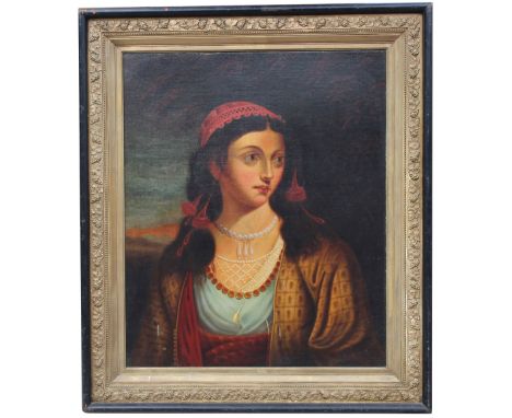 19th C. Portrait of a Woman Wearing Pearls. Oil on canvas. Inscribed verso. Appears to be unsigned, has not been examined out